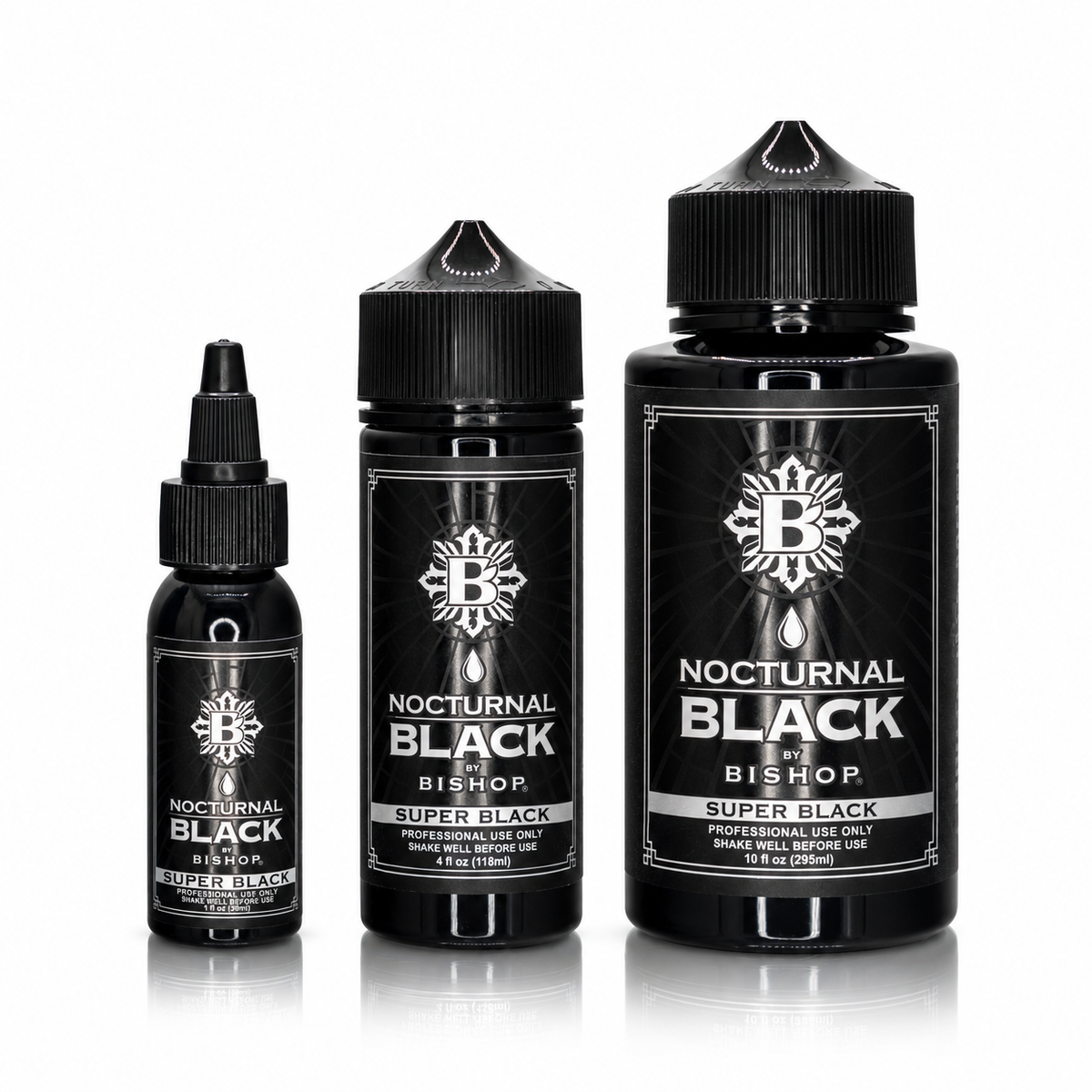 Nocturnal By Bishop Super Black 30ml, 118ml, 295ml — Vergleich der Flaschengrößen