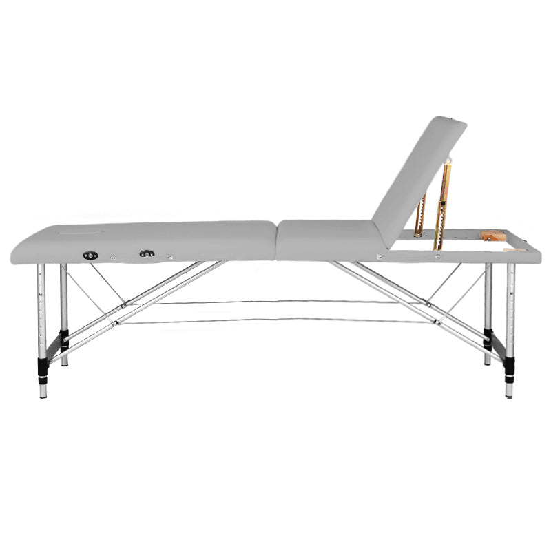 BALANCE dreiteilige klappbare Aluminium-Massageliege – Grau; Seitenansicht mit angehobener Rückenlehne