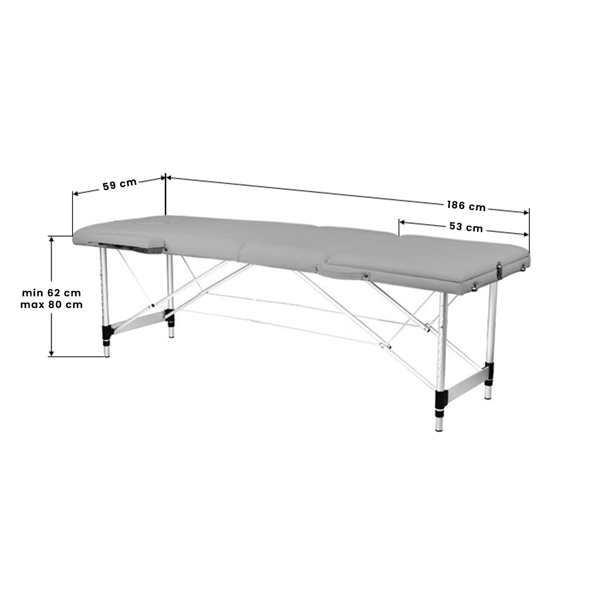 BALANCE dreiteilige klappbare Aluminium-Massageliege – Grau; Maßzeichnung, Liegefläche 186 × 59 cm