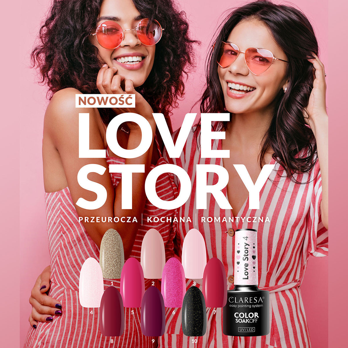 CLARESA Love Story Hybrid Polish 4-5g bottle with colorful label, showcasing vibrant nail polish design and branding.