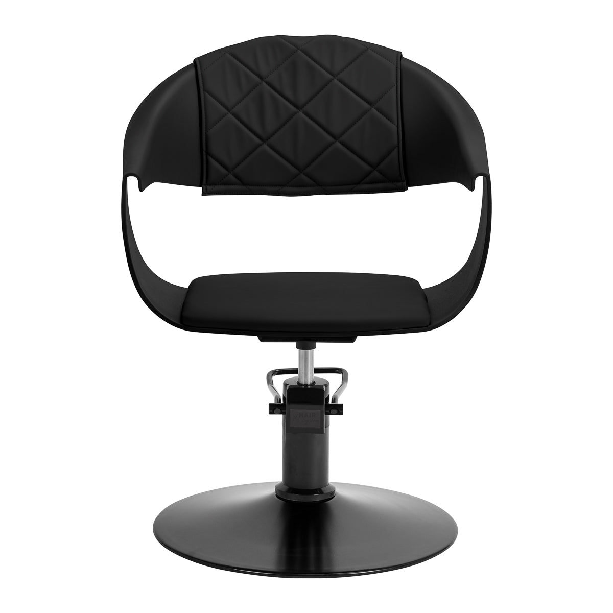 Black Halo Noir hairdressing chair by HAIR SYSTEM with sleek, modern design and padded seat for salon styling comfort.