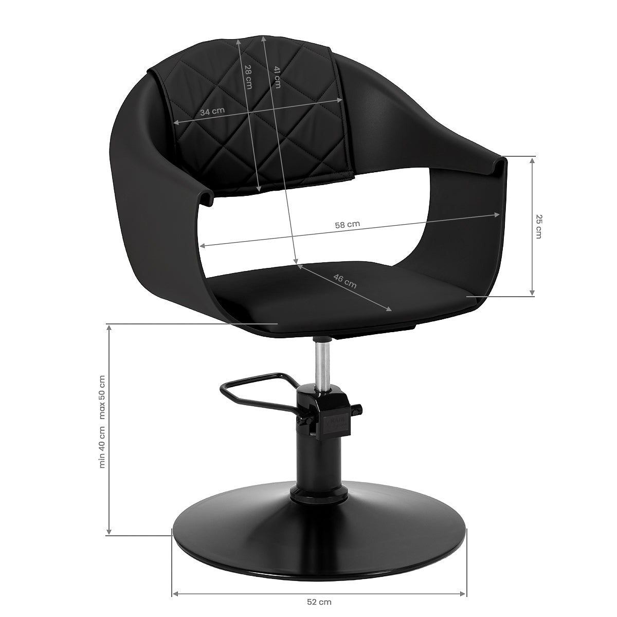 Black Halo Noir hairdressing chair from HAIR SYSTEM with adjustable height and comfortable padded seat for salon use.