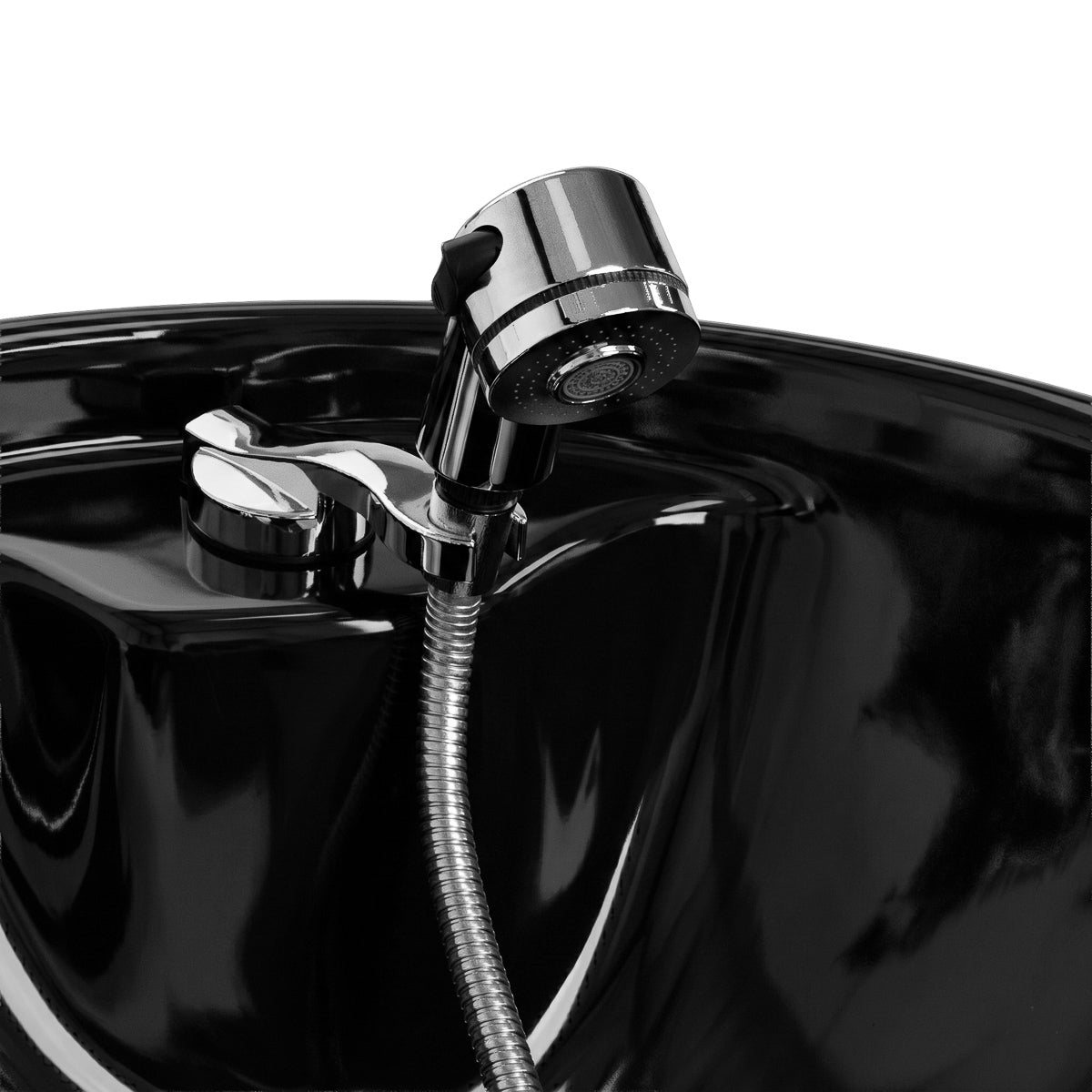 Black Omega Marina hairdressing wash unit with sink and chair for salon styling and hair washing services.