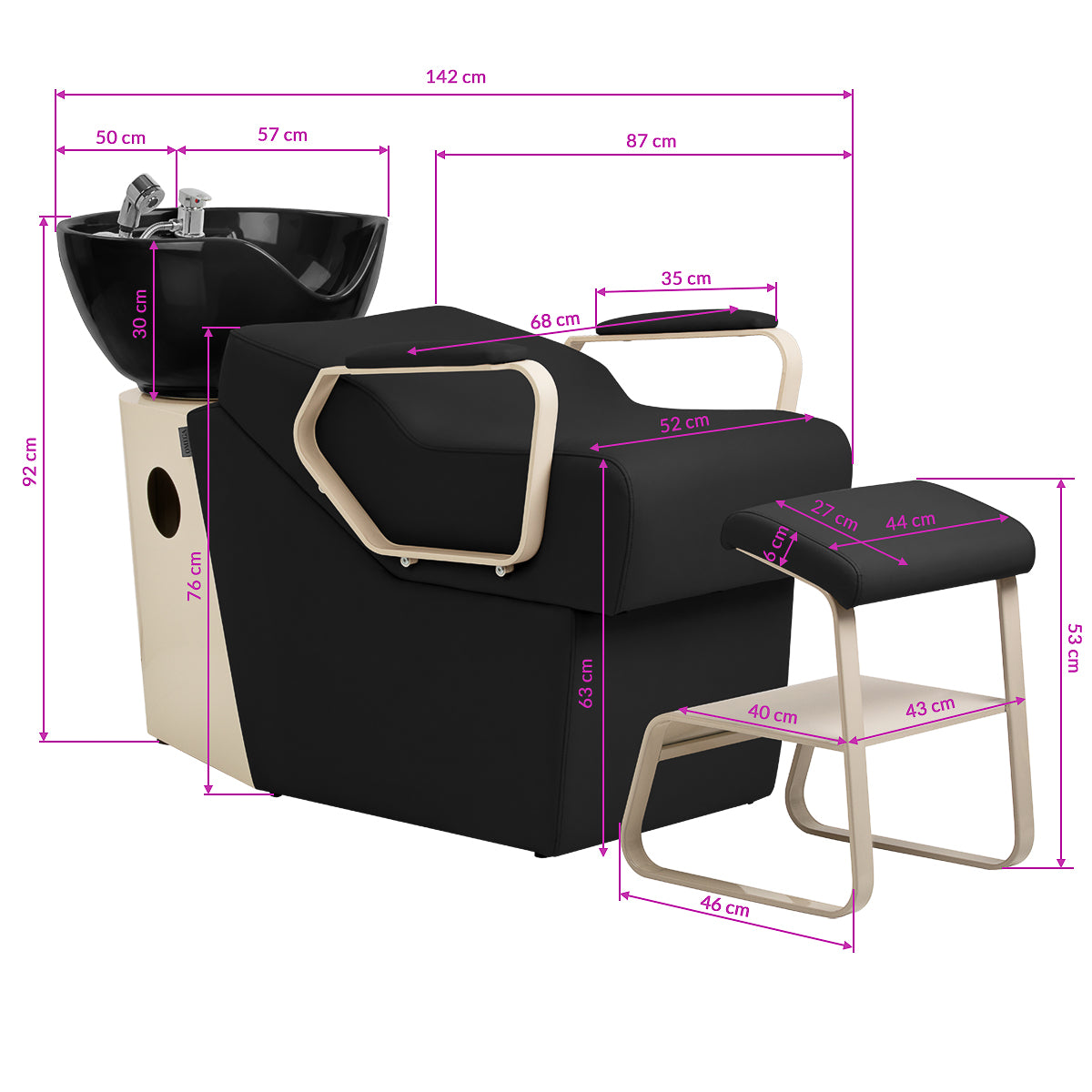 Omega Marina black hairdressing wash unit with a sleek black basin and adjustable headrest for professional salon use.