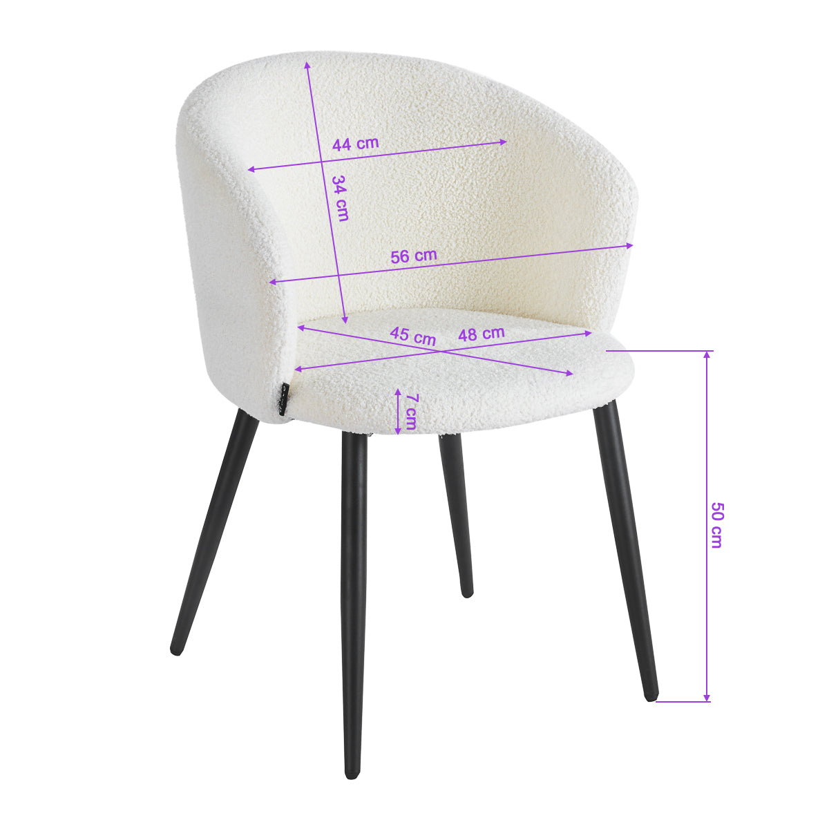 4RICO Asola white sherpa chair with rounded backrest and black metal legs
