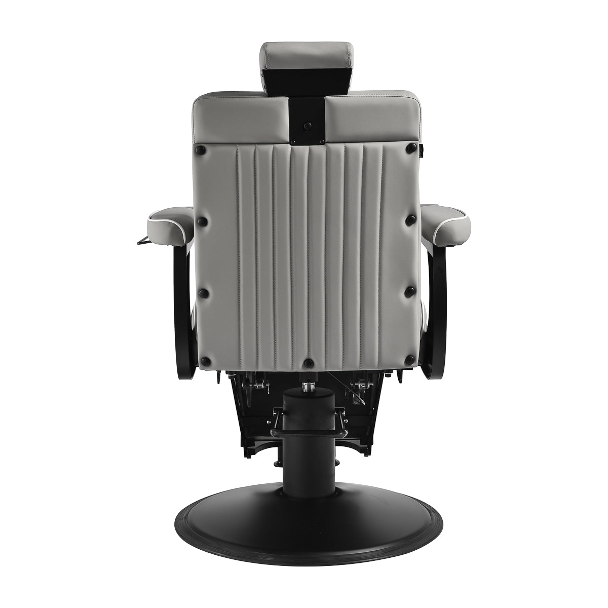 Gabbiano Levi barber chair in grey with black frame, featuring padded seat and backrest, for professional barbershop use.