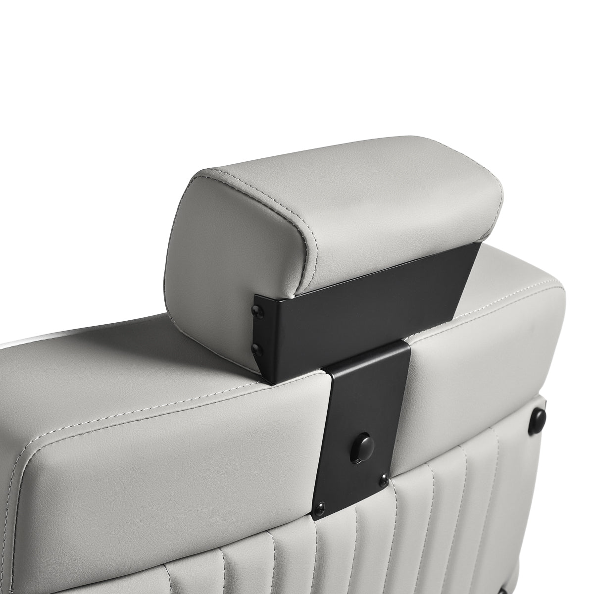 Gabbiano Levi barber chair in grey upholstery with black frame, featuring padded seat and backrest for barbershop use.