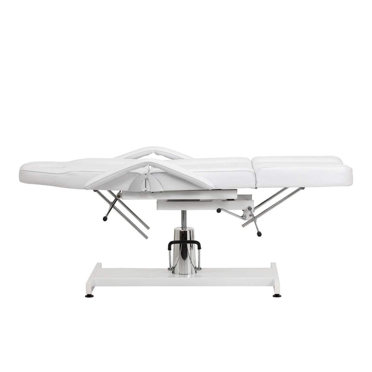 White salon chair with hydraulic height adjustment