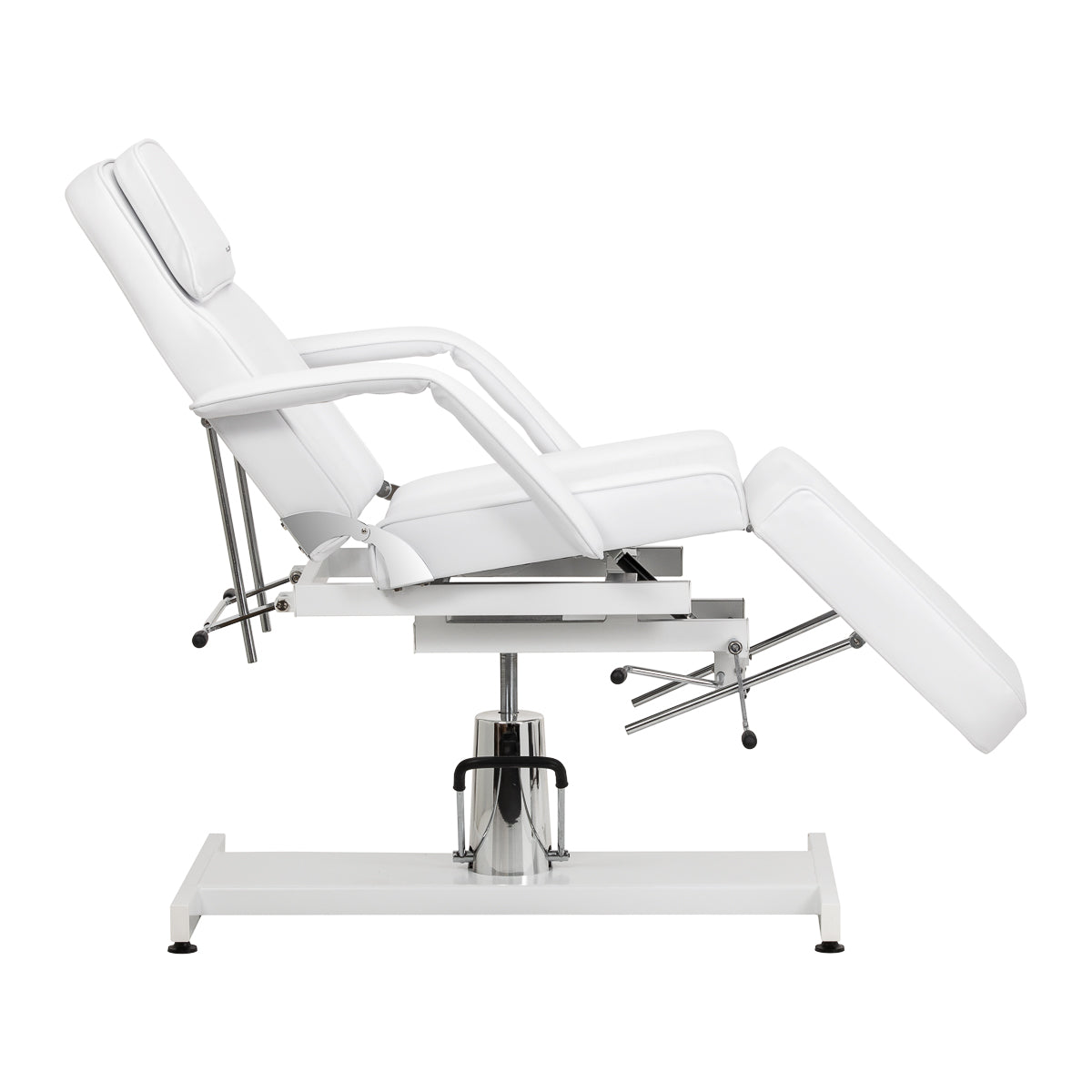 Professional white salon chair with removable armrests