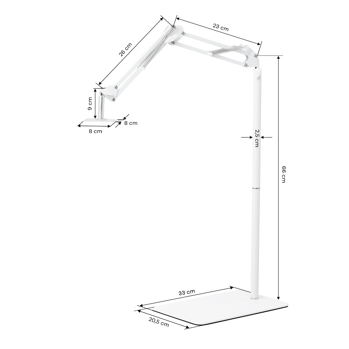 GLOW verstellbarer UV/LED-Pediküre-Lampenständer – Weiß; Maßzeichnung, Fuß 33 × 20,5 cm