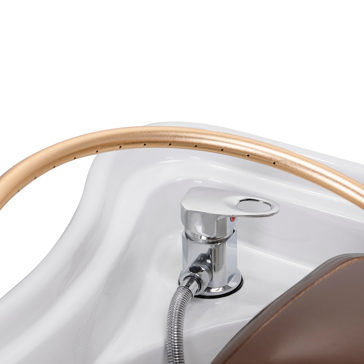 Gabbiano Head Spa 017 hair washing bed in brown with cushioned surface and built-in headrest for comfortable hair care.