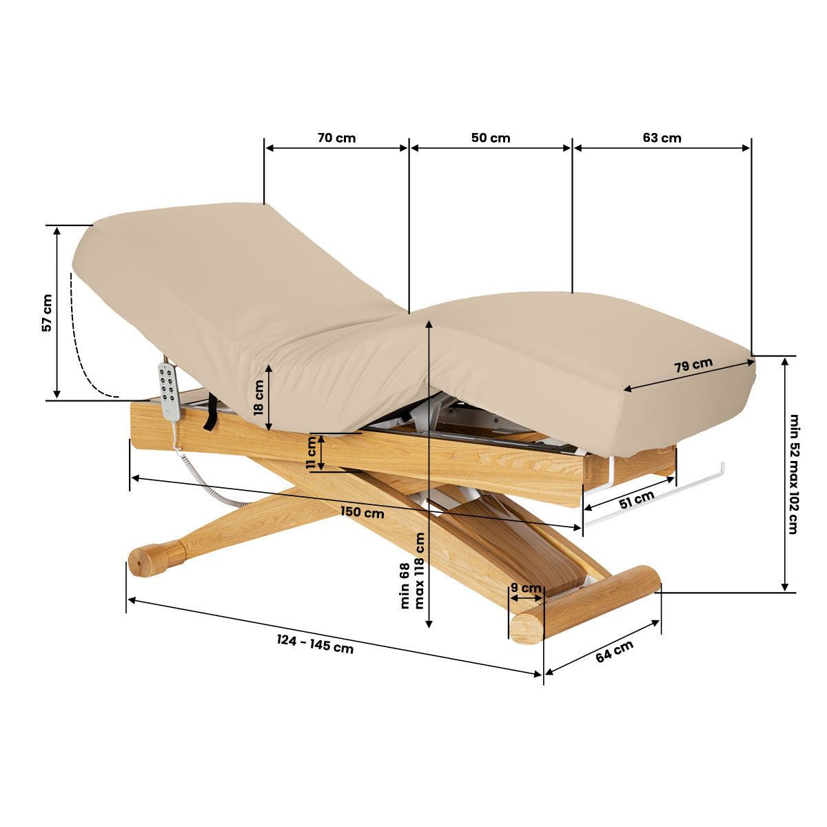 Sillon Siesta Elektrische SPA-Liege – Beige, Hellbraunes Untergestell · Maßzeichnung