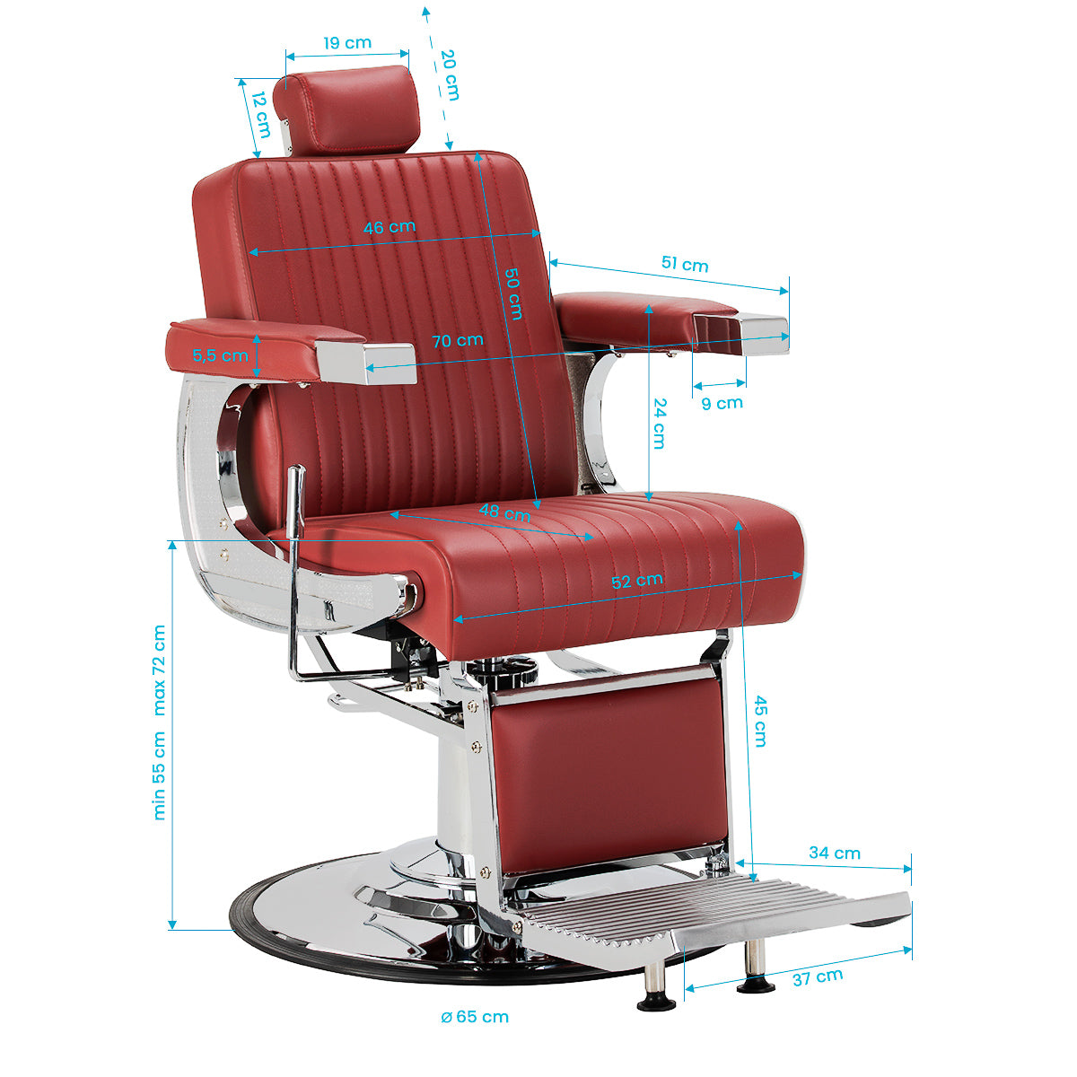 Gabbiano Visionerio+ hydraulischer Barberstuhl – Rot, Chromgestell; Maßzeichnung, Sitzhöhe 55–72 cm