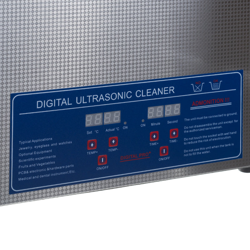 Ultrasonic Cleaner 15L by Beauty System, with stainless steel interior and control panel, used for cleaning jewelry and tools.