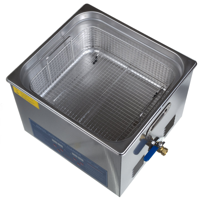 Ultrasonic cleaner in a 15L size from Beauty System, featuring a stainless steel tank and digital control panel.