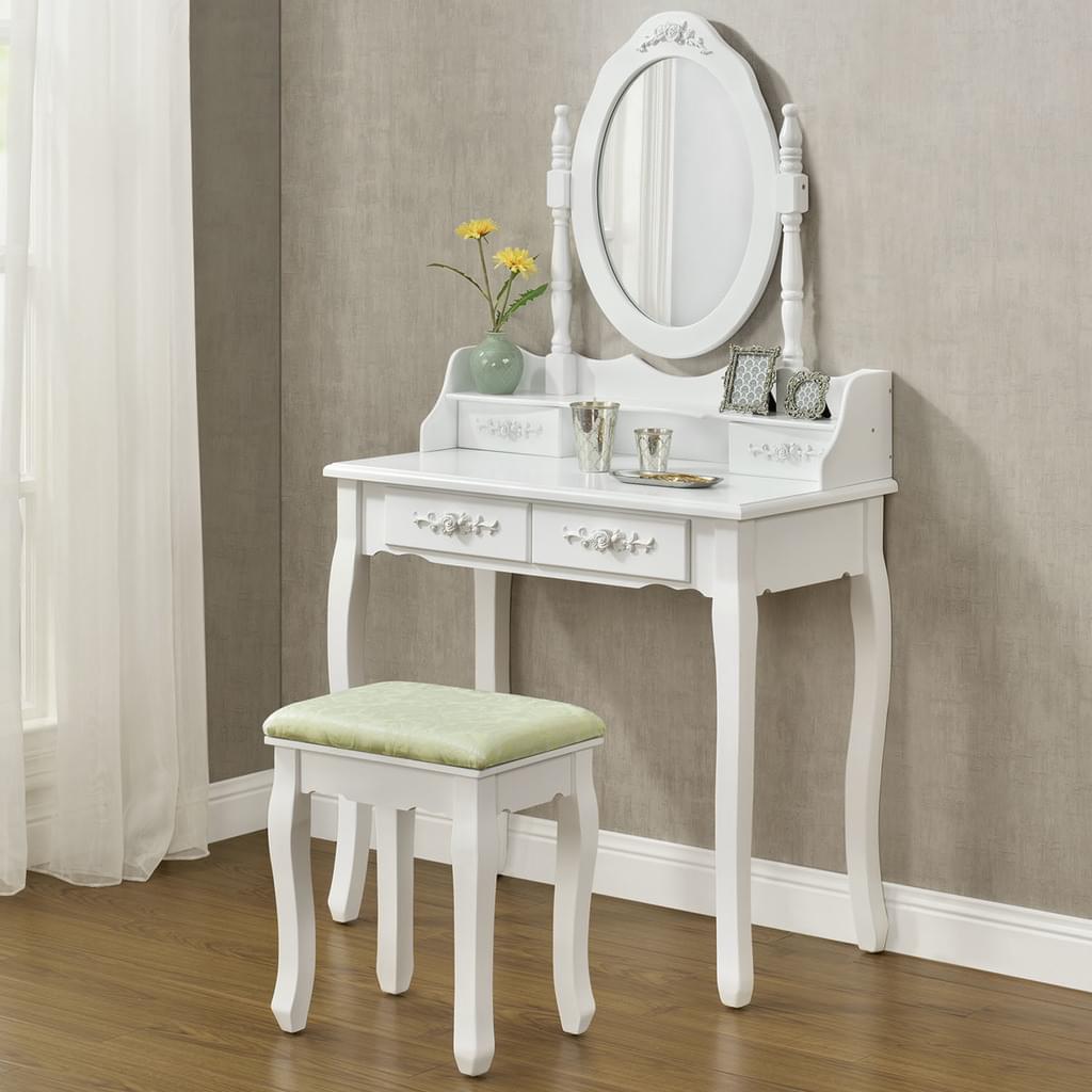 White MIRA Dressing Table with 4 drawers mirror + stool - BVShop