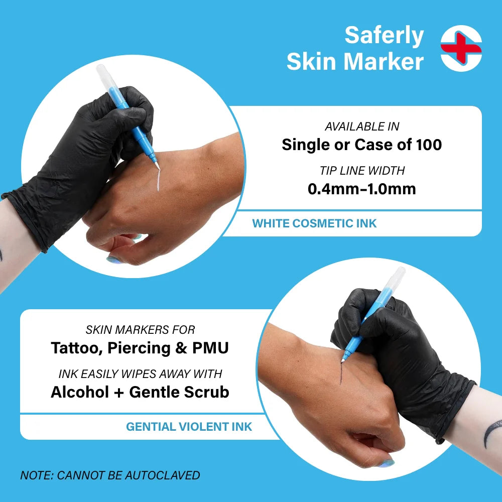 Saferly fine tip surgical skin marker in white and violet with detailed infographic showing its design and features.
