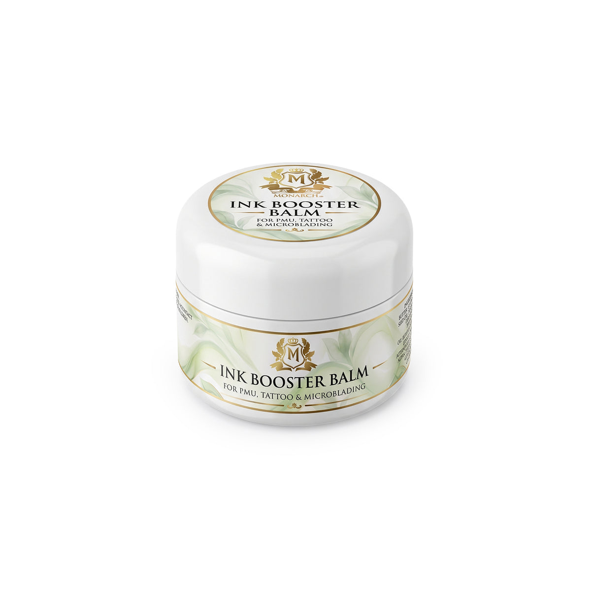 Skin Monarch Ink Booster Balm 30ml, Schrägansicht mit Deckel und Vorderetikett