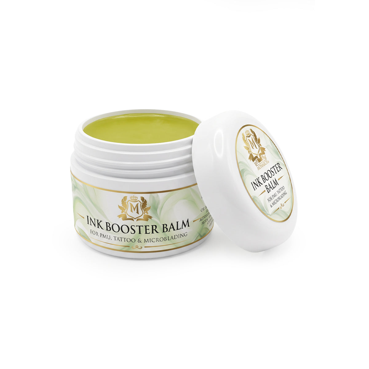 Skin Monarch Ink Booster Balm 30ml, offener Tiegel mit gelbem Balsam und Deckel