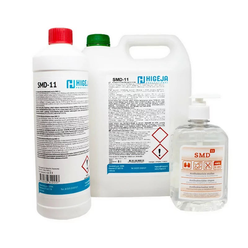 HIGĖJA Antibacterial Soap SMD-11 in 500ml, 1L, or 5L bottle, showing clear liquid soap with pump dispenser.