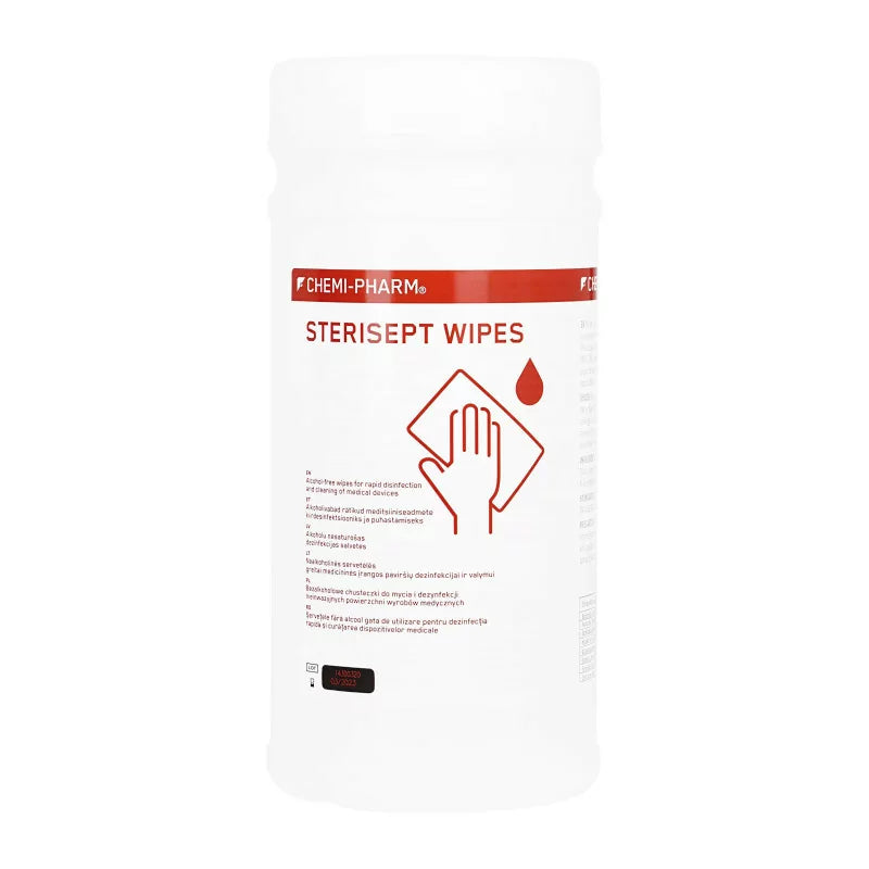 Pack of Chemipharm Sterisept disinfectant wipes, 100-count, with resealable packaging and surface cleaning features.