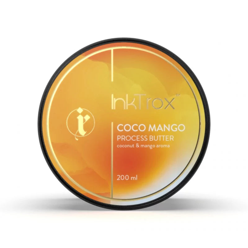 InkTrox Coconut and Mango Process Butter in 50ml and 200ml containers, creamy mixture with coconut and mango ingredients.