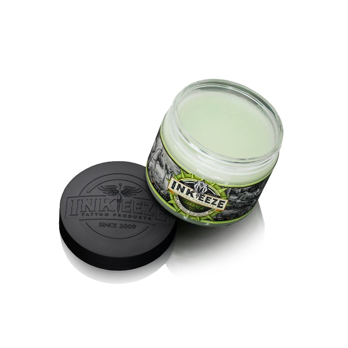 Inkeeze x Matt Jordan Taramea Tattoo Ointment 150g jar with label, creamy consistency for tattoo aftercare.
