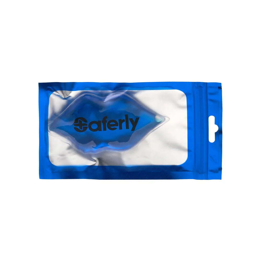 Saferly Lips Ice Pack showing a flexible gel pack with a blue and white design, designed for soothing lip injuries or cold therapy.