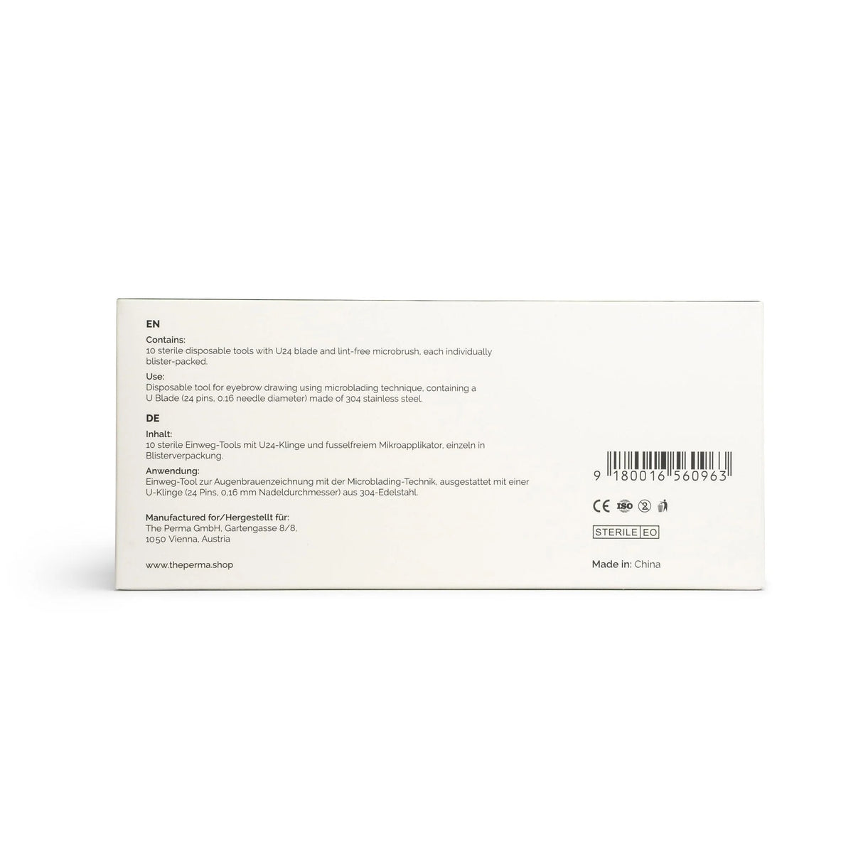 Set of 10 disposable microblading tools by The Perma, U24 size, 0.16mm needle for precise eyebrow shading.