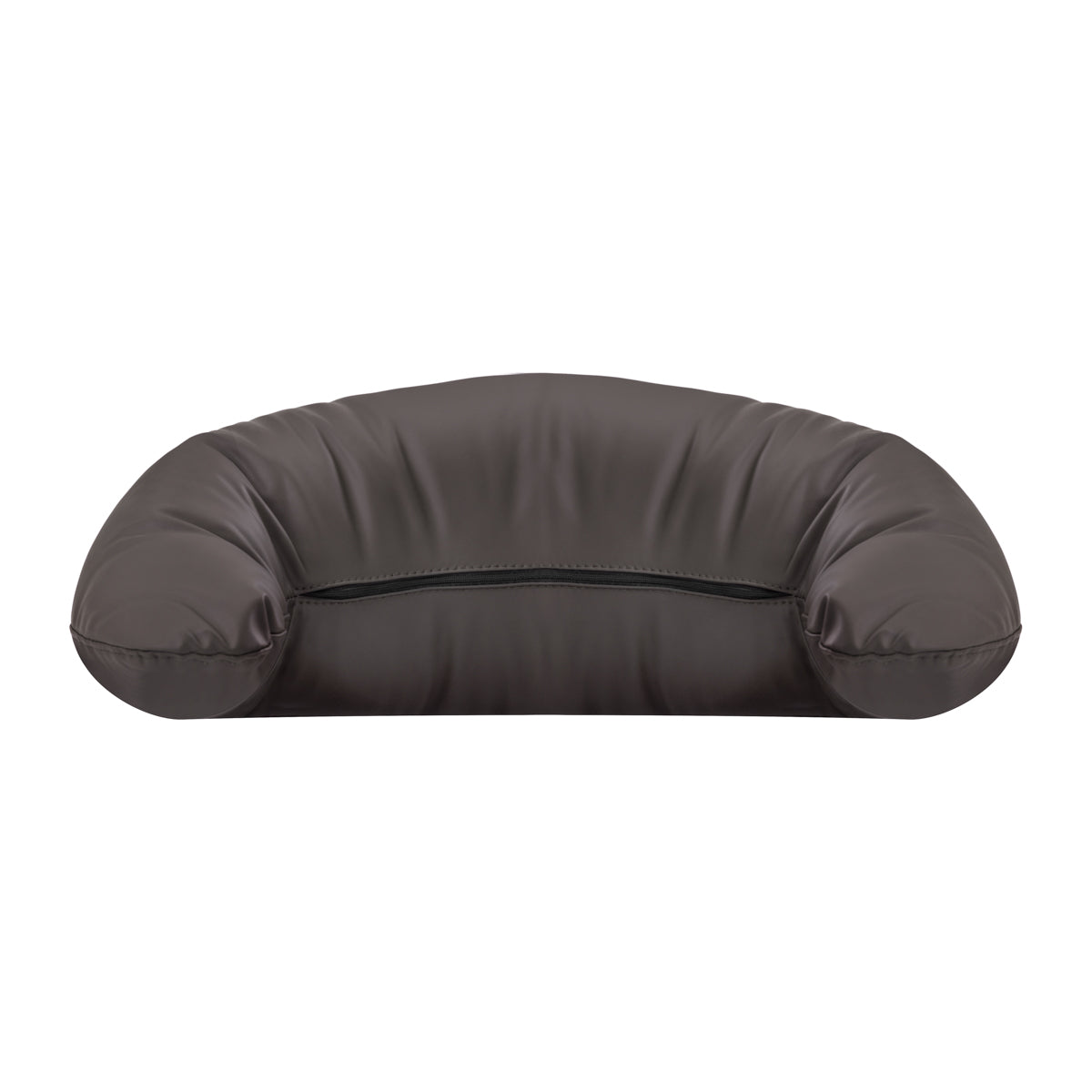Omega brown headrest for hairdressing wash unit, cushioned and adjustable for comfortable client hair washing.