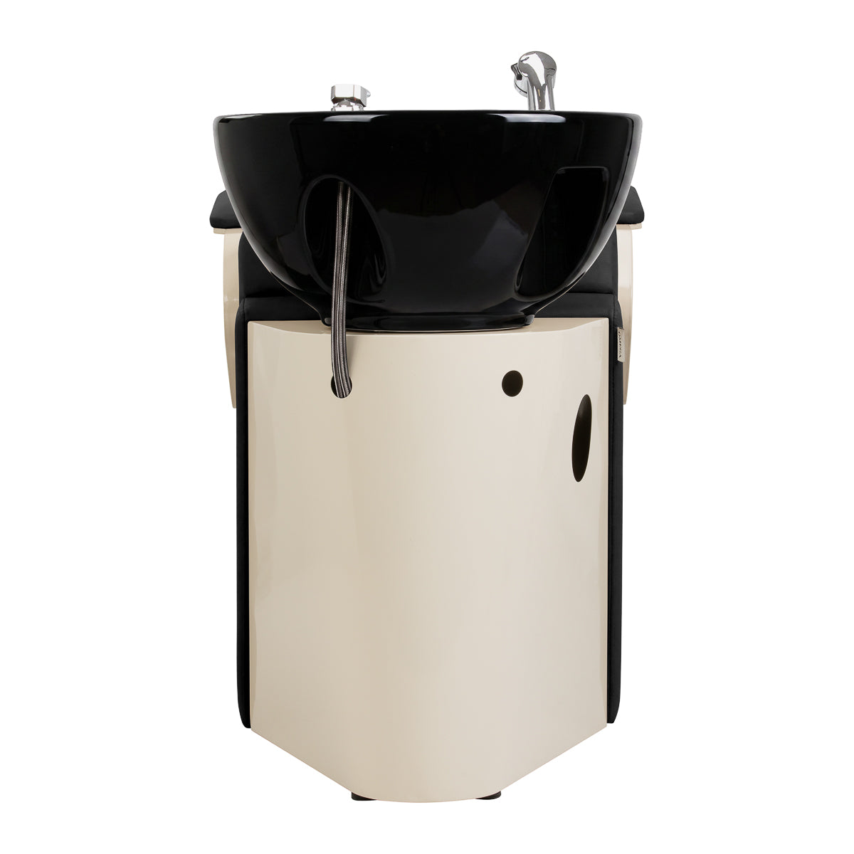 Omega Marina Black hairdressing wash unit with black basin and chrome fixtures, designed for salon shampoo stations.