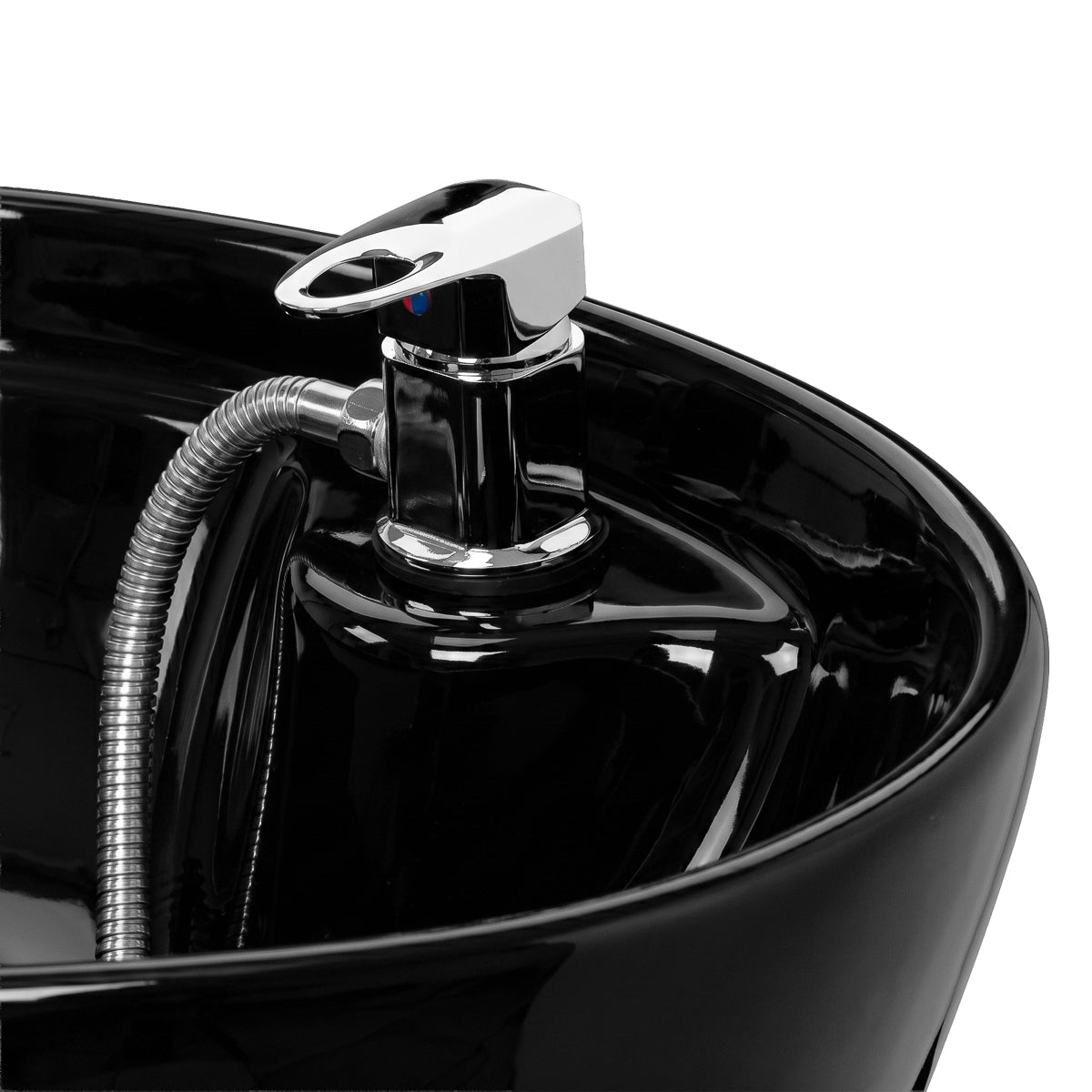Omega Marina black hairdressing wash unit with sink and chair for salon styling and hair washing services.