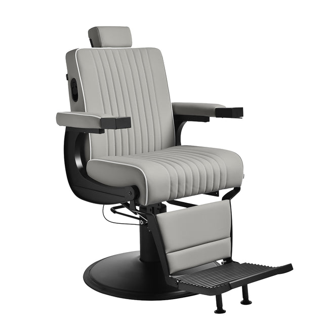 Gabbiano Levi barber chair in grey with black frame, featuring padded seat and backrest, for professional barbershop use.