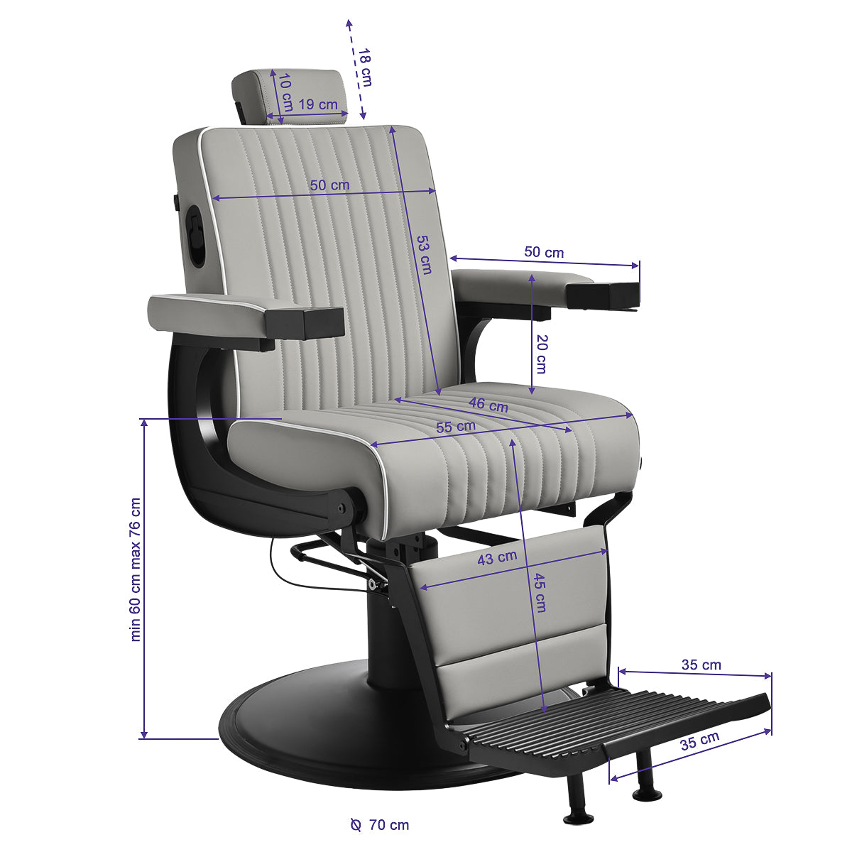 Gabbiano Levi barber chair in grey with black frame, barbershop furniture with padded seat and backrest, modern salon styling chair