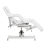 Professional white salon chair with removable armrests