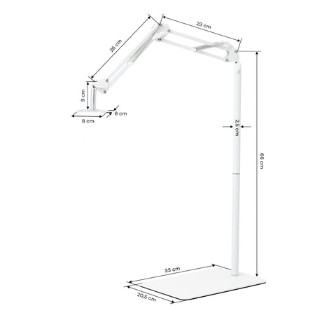 GLOW verstellbarer UV/LED-Pediküre-Lampenständer – Weiß; Maßzeichnung, Fuß 33 × 20,5 cm