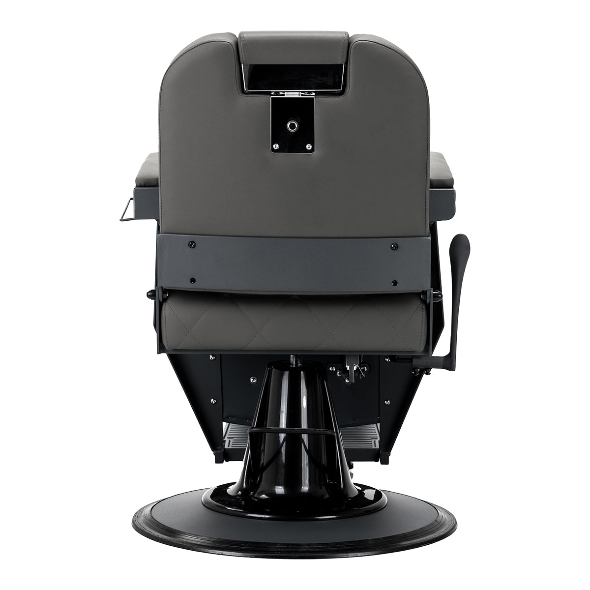 Back view of Gabbiano Bruno graphite barber chair with stitched upholstery