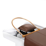 Gabbiano Head Spa 017 hair washing bed in brown with padded cushion and adjustable neck rest for comfortable hair treatments.