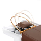 Gabbiano Head Spa 017 hair washing bed in brown, featuring a padded cushion and adjustable headrest for comfortable hair washing.