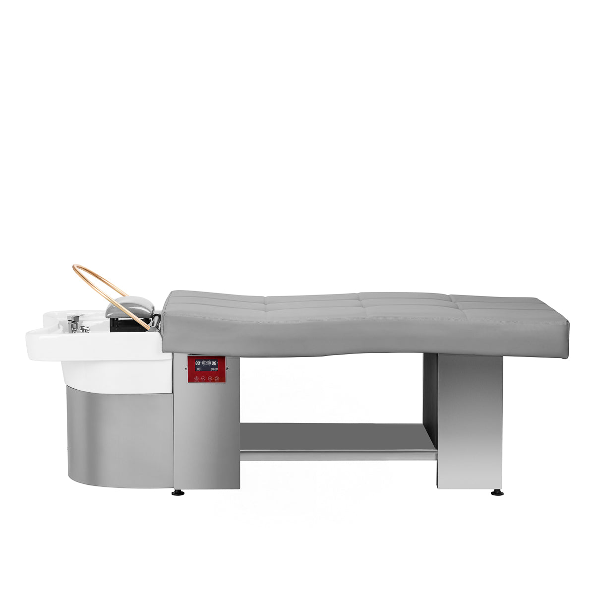 Gabbiano Head Spa 017 hair washing bed in grey with cushioned headrest and adjustable design for comfortable hair washing.