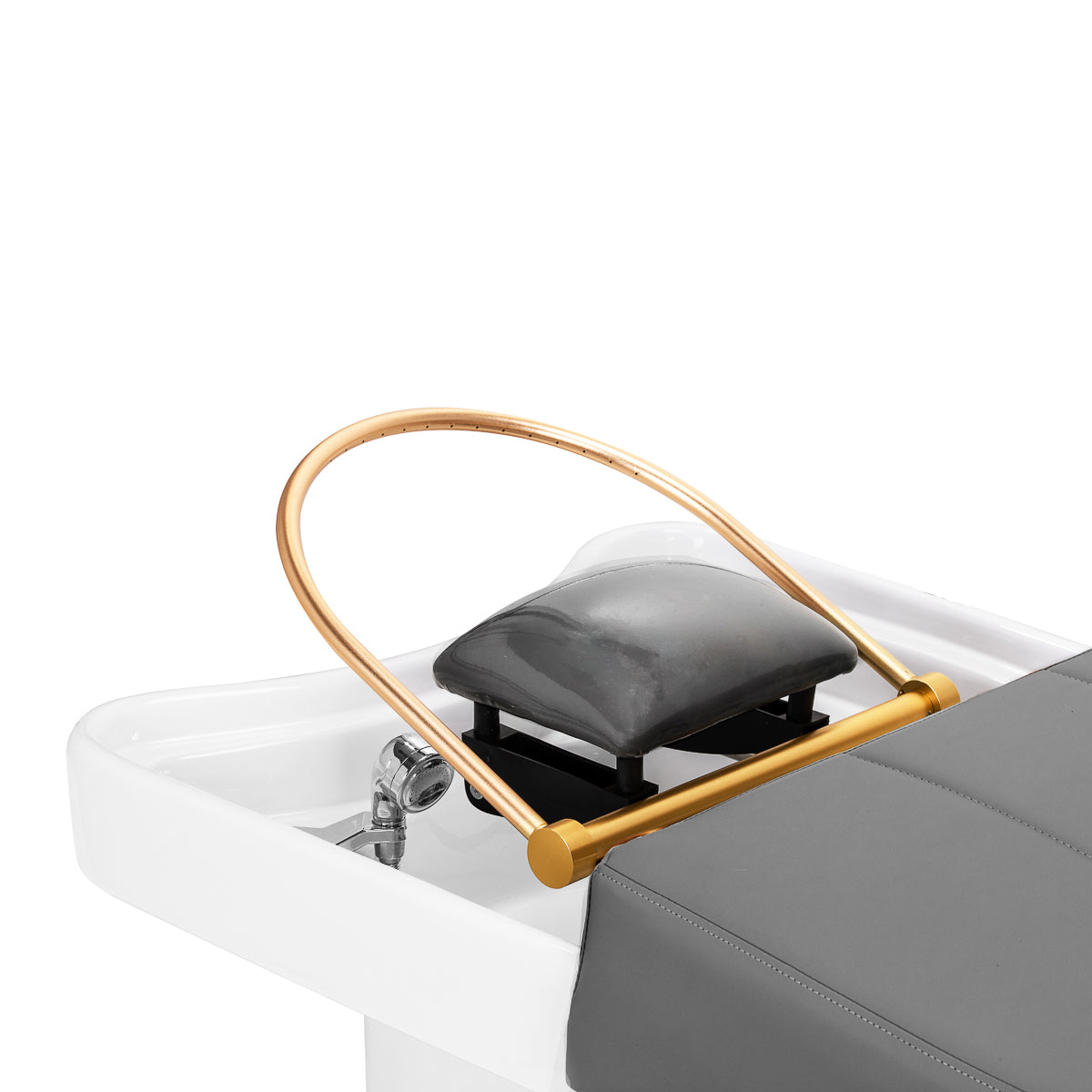 Gabbiano Head Spa 017 grey hair washing bed with cushioned headrest and adjustable armrests in a spa setting
