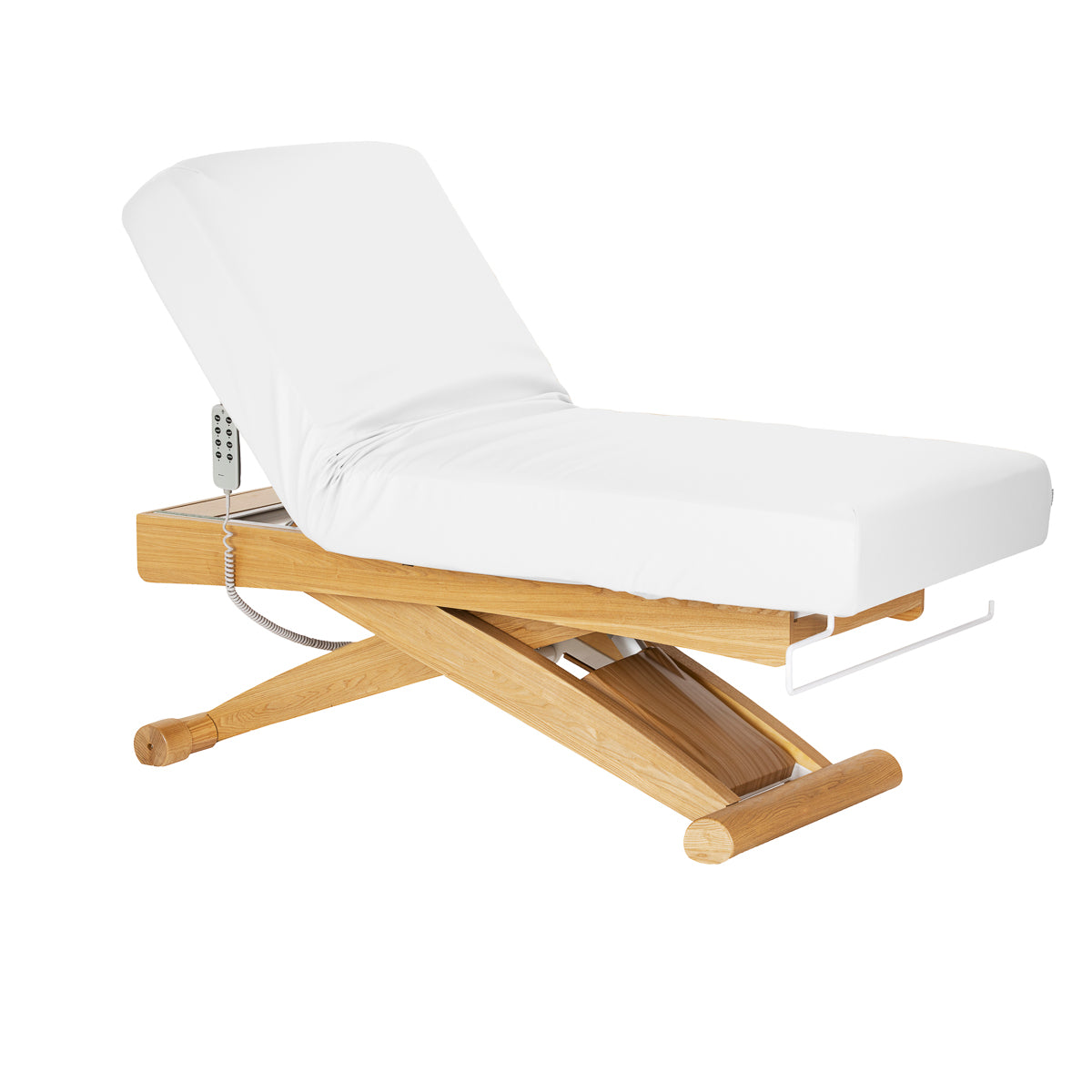Sillon Siesta Elektrische SPA-Liege – Weiß, Hellbraunes Untergestell · Zurückgelehnte Position