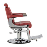 Gabbiano Visionerio+ hydraulischer Barberstuhl – Rot, Chromgestell; Seitenansicht, aufrechte Rückenlehne