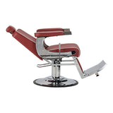 Gabbiano Visionerio+ hydraulischer Barberstuhl – Rot, Chromgestell; Seitenansicht, geneigte Rückenlehne