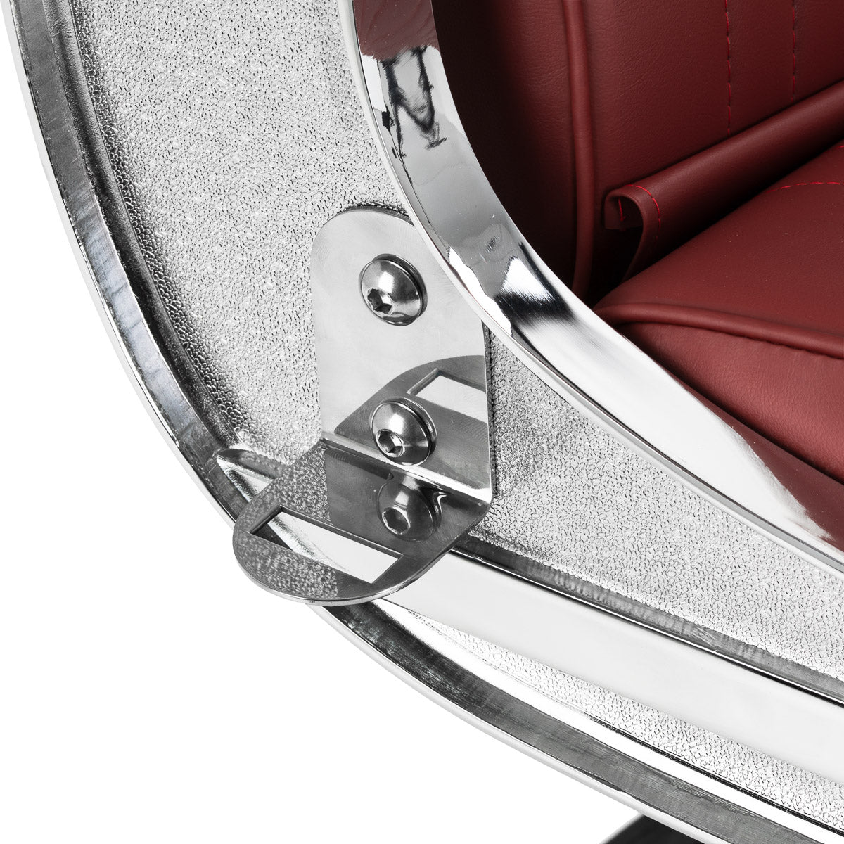 Gabbiano Visionerio+ hydraulischer Barberstuhl – Rot, Chromgestell; Scharnier der Rückenlehne im Detail