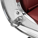 Gabbiano Visionerio+ hydraulischer Barberstuhl – Rot, Chromgestell; Scharnier der Rückenlehne im Detail