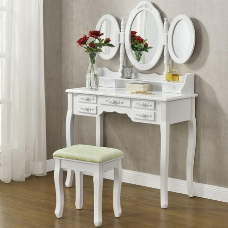White vanity ELSA with 3 mirrors and 7 drawers + stool - BVShop