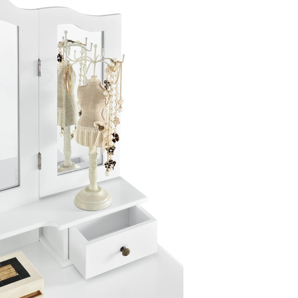 EMMA White Vanity Table with 3 Mirrors, 4 Drawers & Stool - BVShop