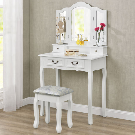 EMMA White Vanity Table with 3 Mirrors, 4 Drawers & Stool - BVShop
