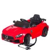 Children's Mercedes red hairdressing chair by Beauty System with a sturdy design and adjustable height for kids' styling.